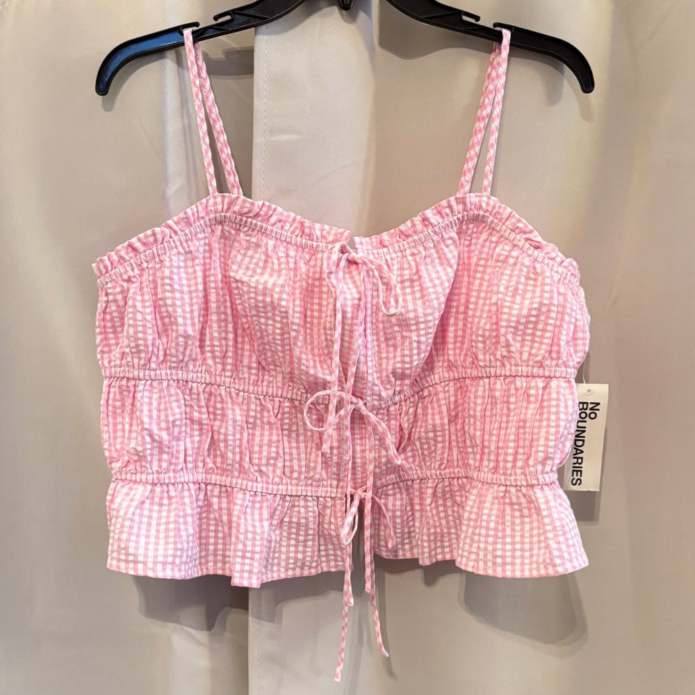 Babydoll Pink Gingham Smocked Crop Top Ruffle Tie Front Juniors 12 14 19532